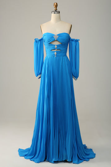 A Line Off the Shoulder Blue Long Ball Dress With Beading